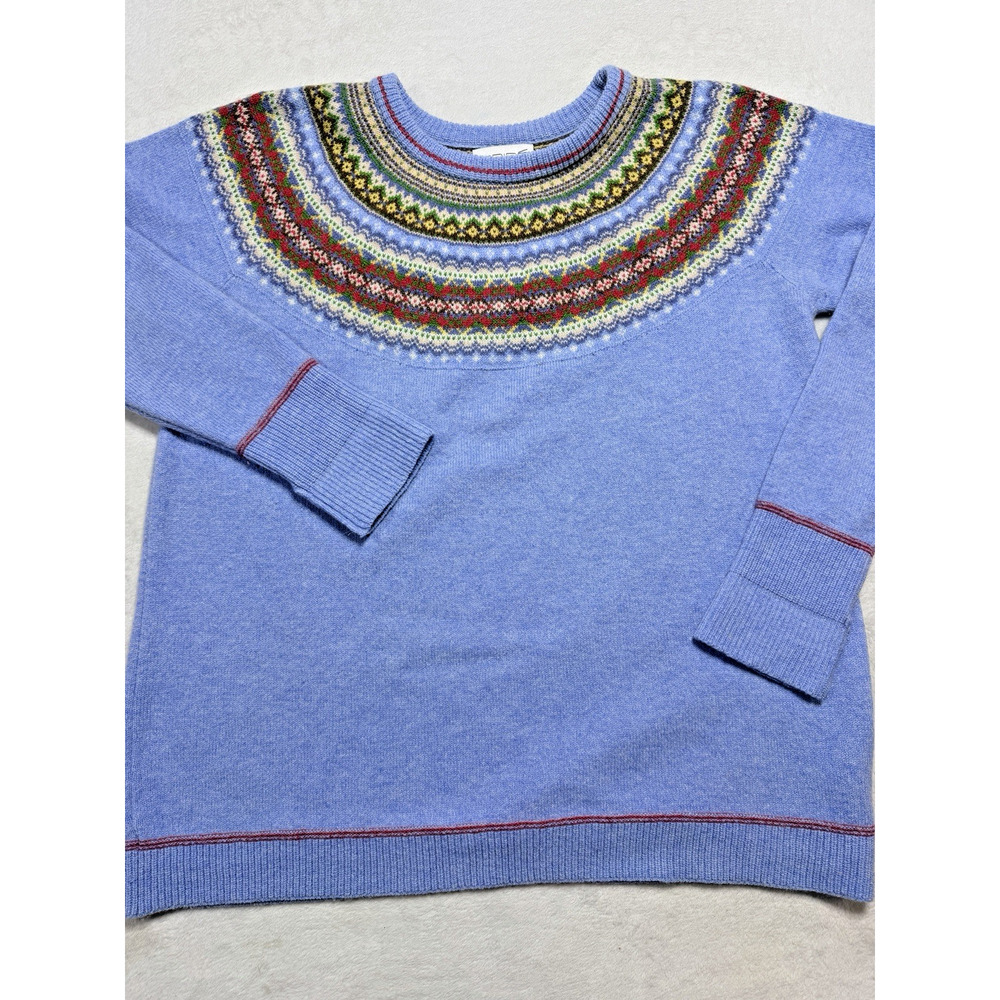 ERIBÉ Scotland Alpine Short Sweater Sky Blue Lambswool Fair Isle Tall 100% Wool